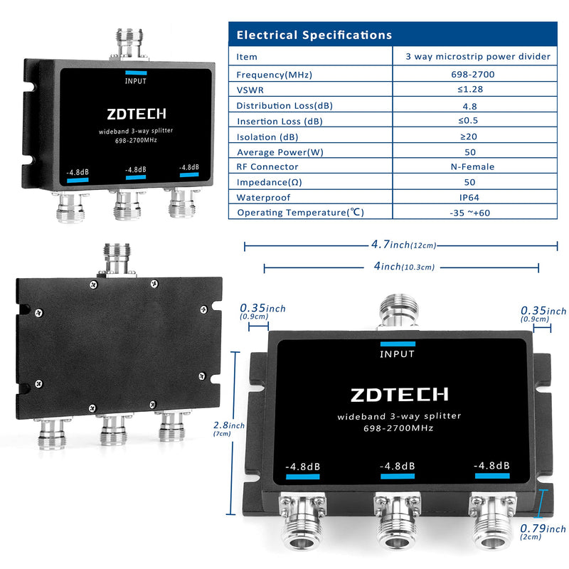 WideBand 3-Way Splitter with N-Female Connectors 50 Ohm Signal Splitter for 3G/4G/LTE(698-2700MHz) Splitter 3-Way