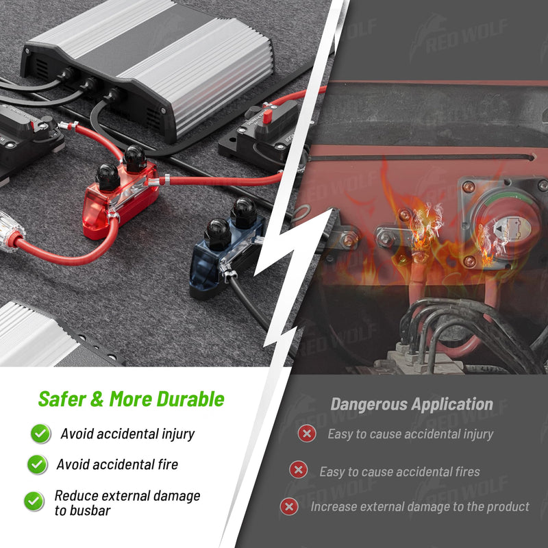 RED WOLF 2PCs 3/8" M10 Small Dual Stud Bus Bar 12-48 V Power Distribution Block Holder 250A DC MAX, Battery Terminal Junction Dual Power Stud Busbar for Car Marine Boat Red & Black Set w/Screws