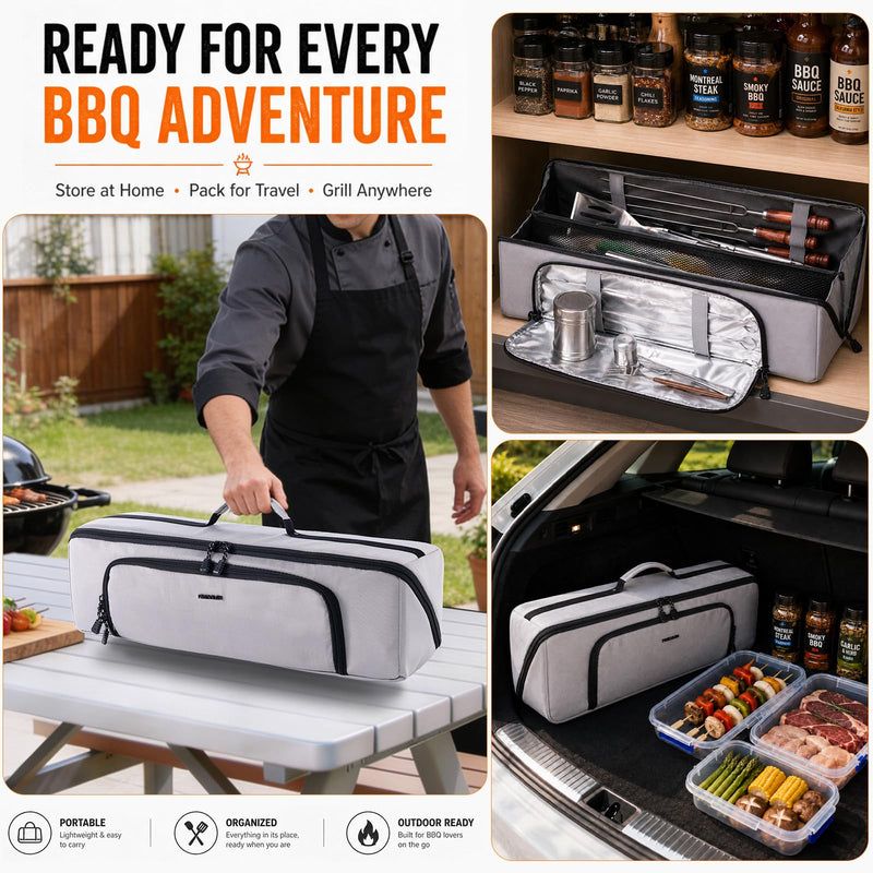 22" Grill Tool Bag, Heavy Duty BBQ Accessories Organizer with Wide-Open Design, Large Griddle Utensil Storage Bag for Blackstone, Camping, Tailgating, BBQ Gifts for Men（Bag Only） Grey 22" - Style B