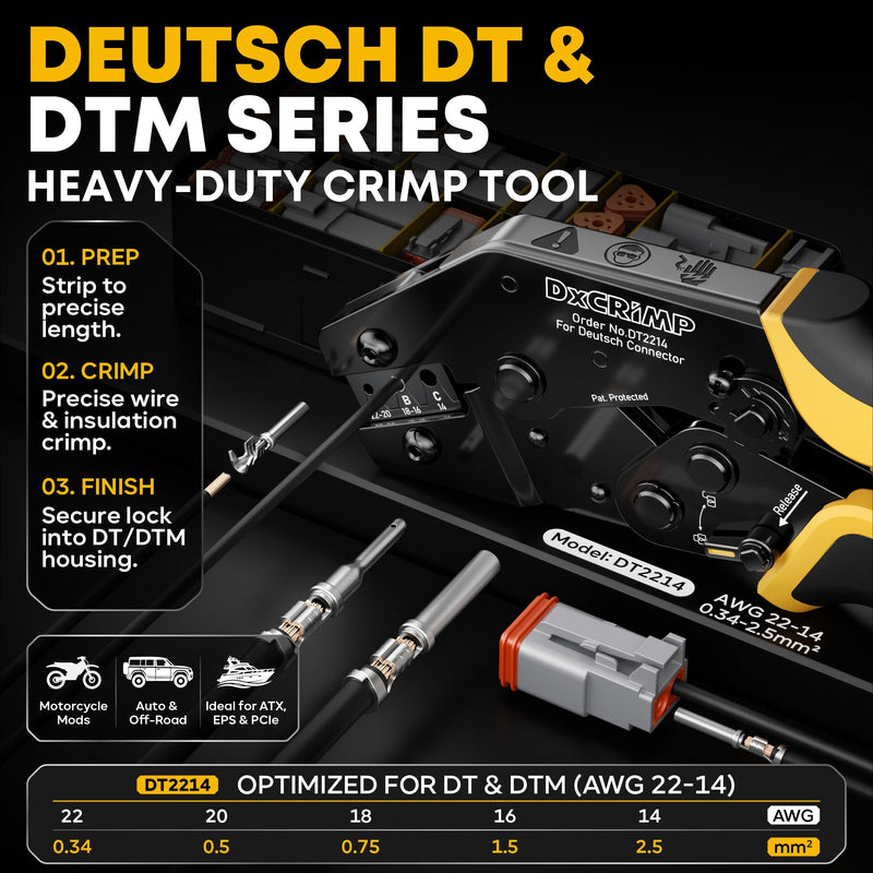 Deutsch DT Series Connector Crimping Tool Kit, 2/3/4/6 Pin Waterproof Automotive Electrical Connectors with 22–14 AWG Deutsch Crimp Tool & Pin Removal Tool for Automotive Wire Harness Repair DT Series | 2-6 Pin | Size 16