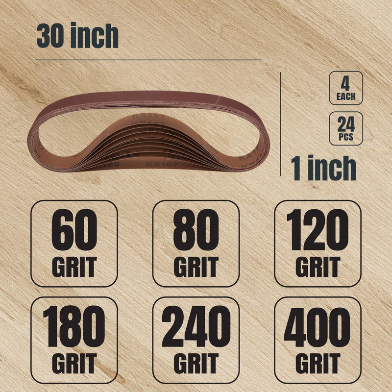 POWERTEC 1x30 Sanding Belts + 5 Inch PSA Sanding Disc Set, 64PK, Aluminum Oxide 4 Each 60/80/120/180/240/400 Grits 1 x 30 Sanding Belt & 20 Each 60/80 Grits Adhsive Sanding Discs (45501) 5" Asst+Belt 64pk