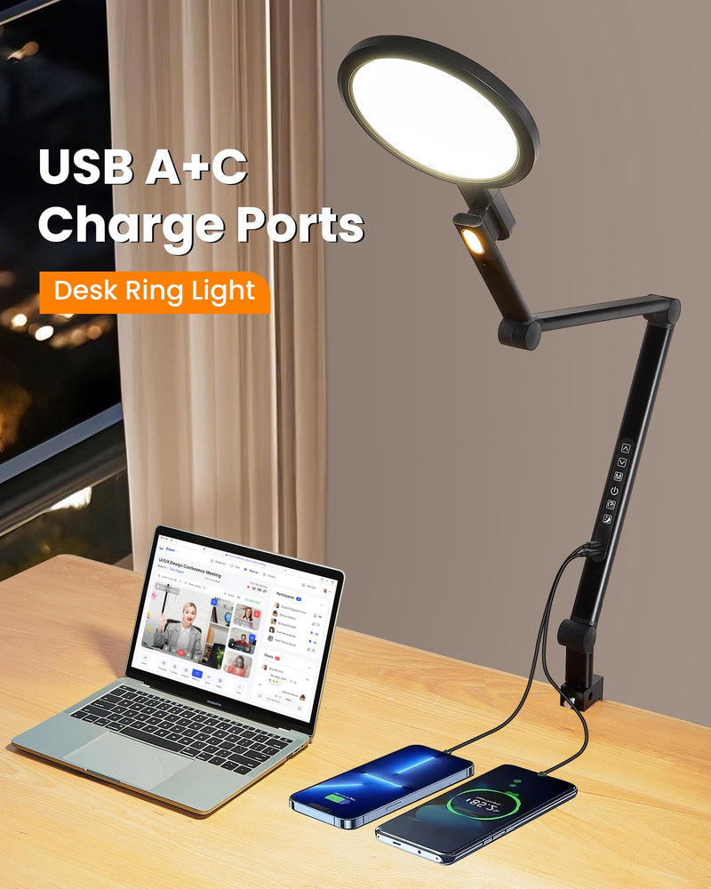Video Conference Lighting for Computer, Adjustable 5 Color Temperature 5 Brightness, Dimmable LED Desk Ring Light for Video Calls, Zoom Lighting with Memory & Timer Func,CRI 97
