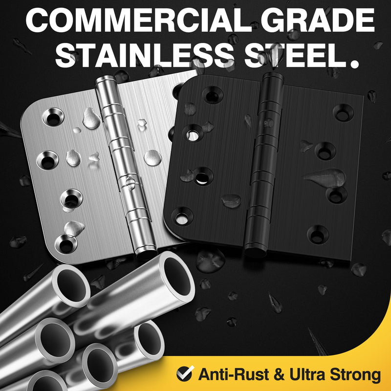 KOLET Ball Bearing Door Hinges, 4 x 4 Inches Door Hinges, Square and 5/8'' Radius Corner, Heavy Duty Stainless Steel Hinges, Smooth and Quiet, Non Removable Pin, Matte Black, 3 Pack