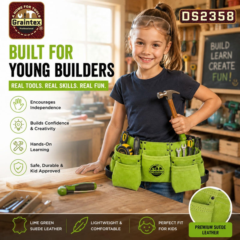 Graintex DS2358 :: 9 Pocket Children Tool Belt Lime Green Color Suede Leather, Kids Real Tool Belt, Boys and Girls Tool Apron for Home Improvement, 1.1/2" Leather Belt, Hammer Loops 9 Pockets