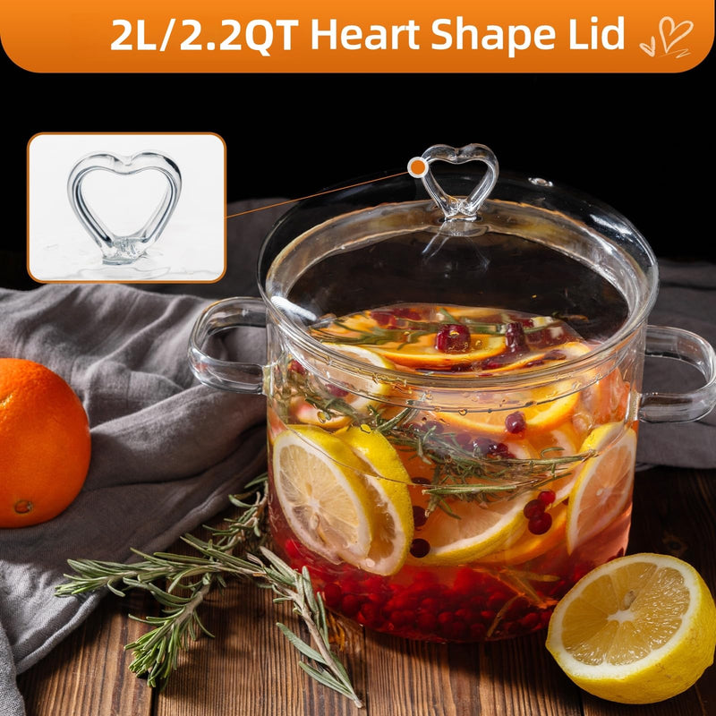 2L Clear Glass Cooking Pot with Heart Lid, 68oz/2000ml | Easy to Clean, Heat Resistant, Energy Conservation, Oven, Gas, and Electric Stove Safe 2 Liters