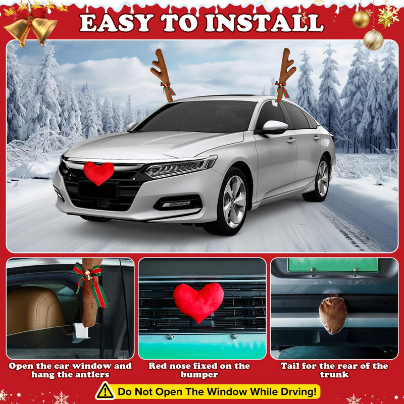 Reindeer Antlers for Cars Kit Nose and Tail, Car Reindeer Antlers & Nose for Car Window Roof-Top & Front Grille, Christmas Car Antlers Auto Decoration Set for Car SUV Van Truck Heart-shaped Nose