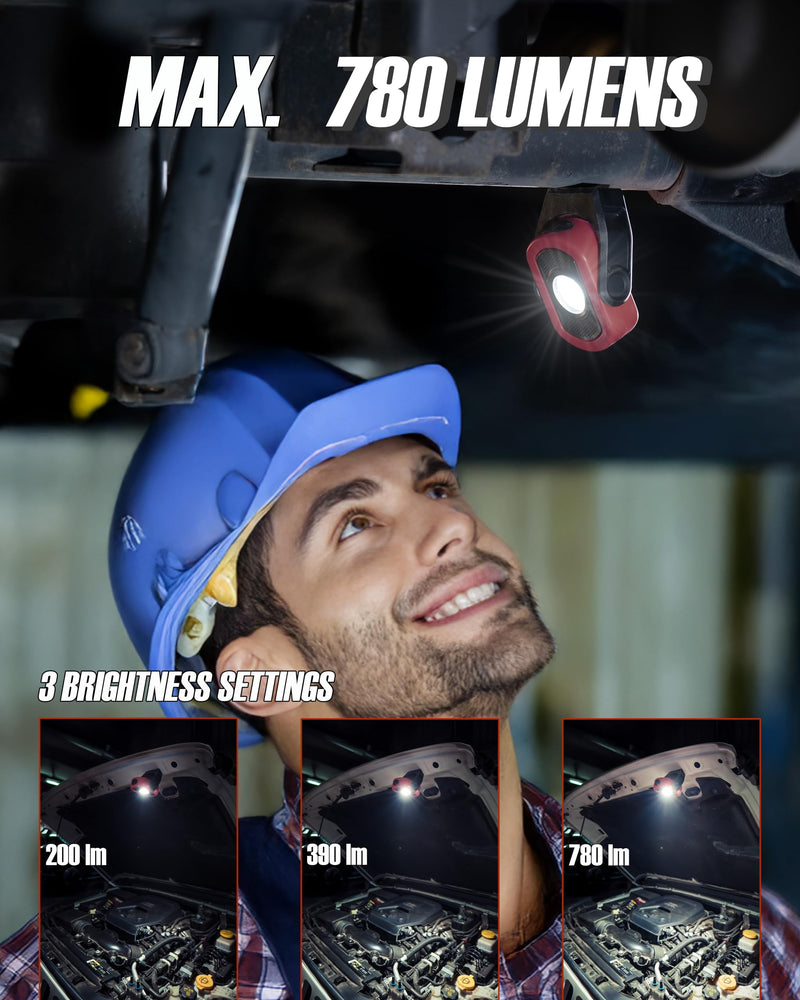 Magnetic Work Light – 780 Lumen Compact Pocket Light, Rechargeable 3000mAh, 360° Pivot, Durable & Portable for Mechanics & Jobsites (Red, 3-Pack) Red-3PK 3 Pack-780lm