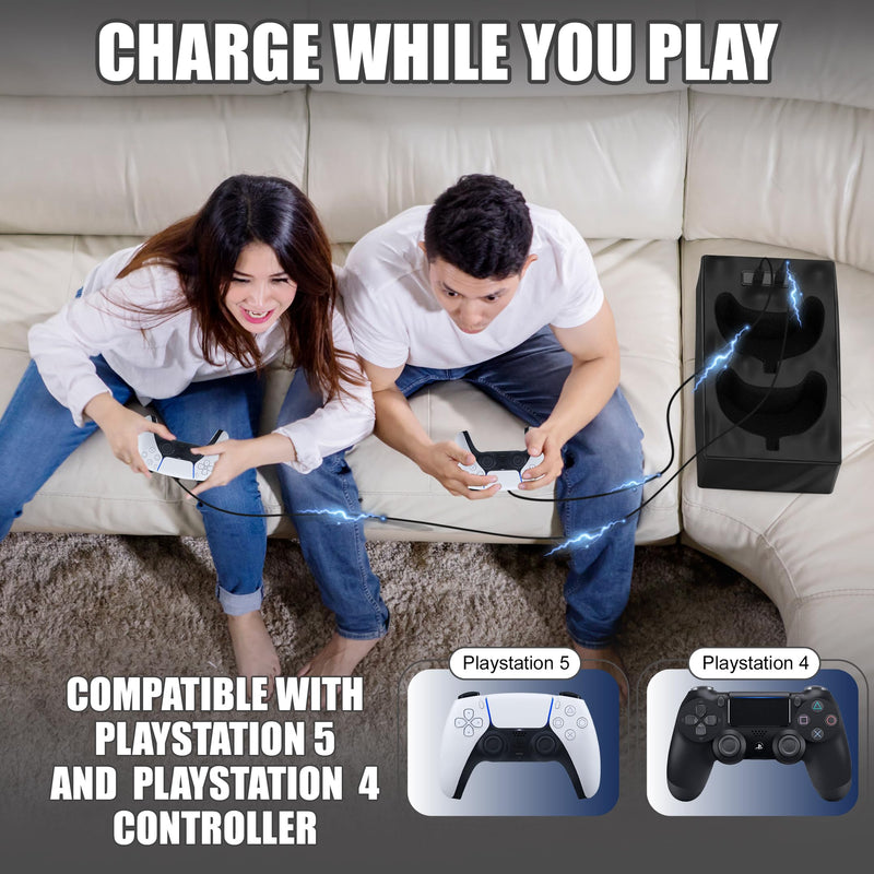 Gaming Controller Charger Docking Station for Sofa. Compatible with PS5 and PS4 Sony PlayStation Dualsense Controller. Remote Charging Station with Fast Charging Port 3DDR-USB-Small-PS5Leather-BLACK