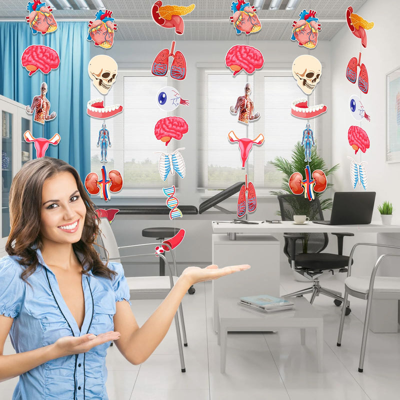 4 Strings 28 Pieces Anatomy Themed Hanging Banners, Human Body Parts Learning Cutouts Garland for Classroom Decoration, Science Party Supplies, School Supplies and Doctor Office Decoration