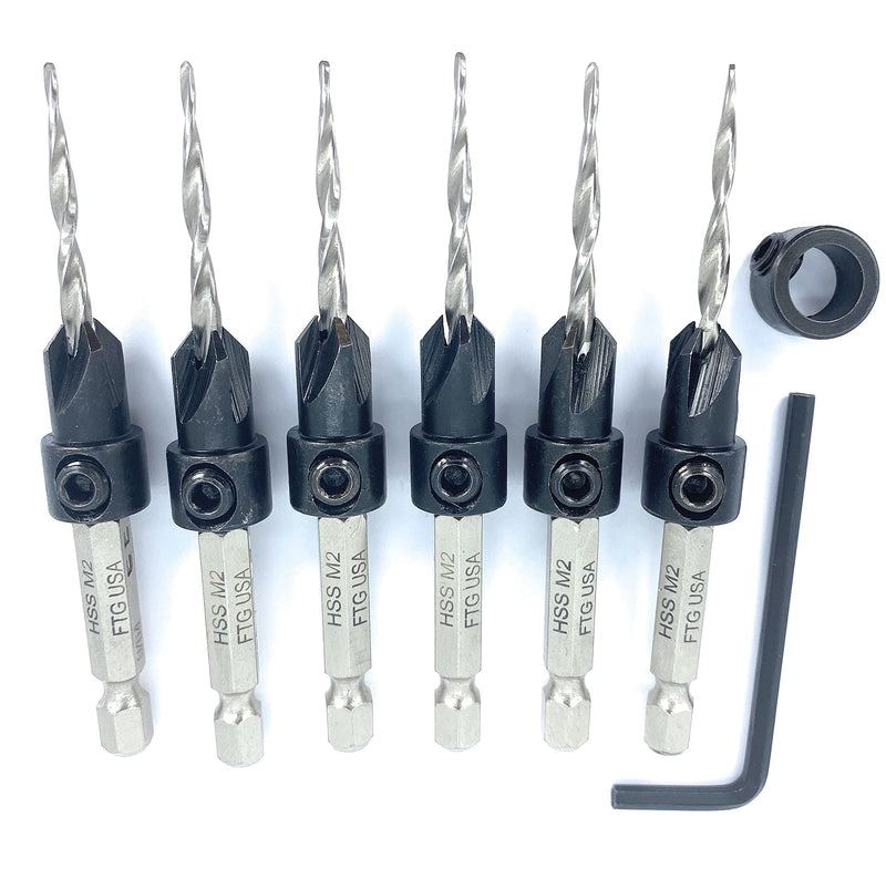 FTG USA 6 Pc #6 (9/64") Wood Countersink Drill Bit Set with Parabolic Flute, Tapered Drill Bit, Depth Stop Collar and Hex Wrench #6 (9/64") 6 Pc Hex Shank