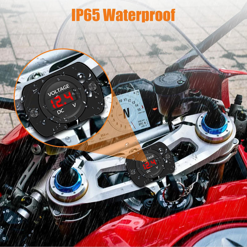 DC 12V 24V Car Voltmeter with LED Digital Display and Mounting Plate, Waterproof Voltage Gauge Meter with Terminals for Boat Marine Vehicle Motorcycle Truck, Round Voltage Gauge Meter with Red Light Red with panel