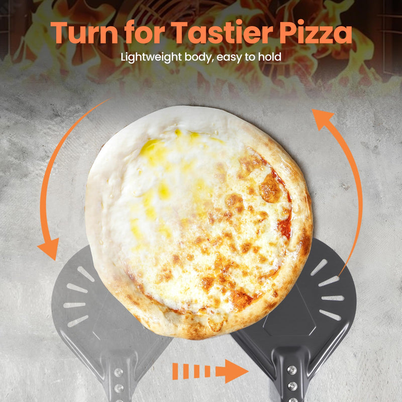 6” Pizza Turning Peel - Extra Long Handle Pizza Turner - Restaurant-Grade Aluminum Perforated Pizza Peel Lightweight Metal Outdoor Pizza Oven Accessories 6” Extra long handle turning peel Black