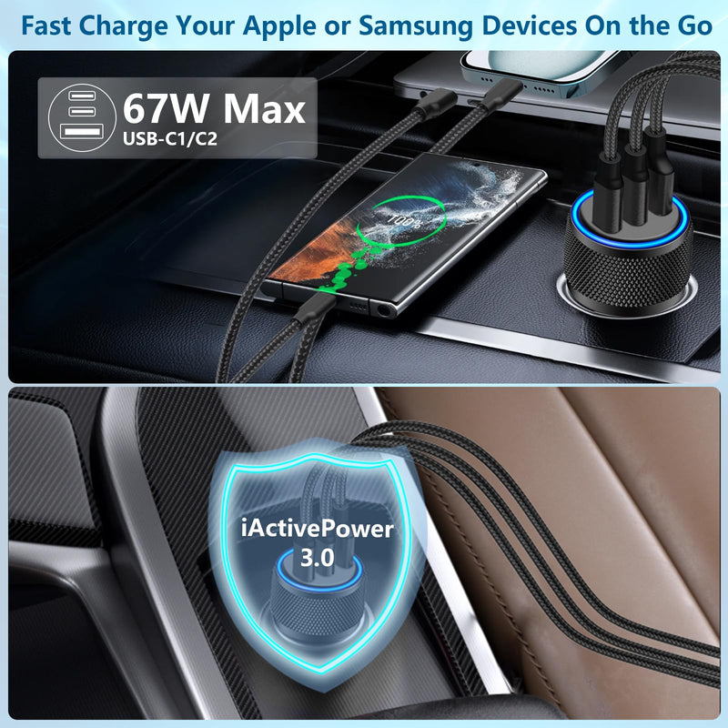 【MFi Certified】iPhone 15 Fast Car Charger, KYOHAYA 3-Port 67W PD/QC Car Power Adapter USB-C Fast Charging Cigarette Lighter with Type-C Braided Cable for iPhone 15 Pro/15 Pro Max/Galaxy/Pixel/iPad Pro Carbon Fiber Black