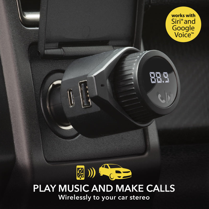 Scosche BTFM9 FM Bluetooth Transmitter Car, Dual 12W USB-C and USB-A Charging Ports, Fast Type C Car Charger, Wireless Radio Bluetooth Adapter, Hands-Free Car Kit for Calls, Siri and Google Assistant Dual Port 24W (1 USB-C + 1 USB-A) Black