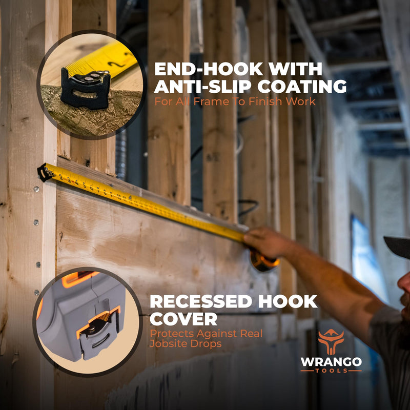 Wrango Tools 25 FT Tape Measure - Retractable Measuring Tape - Oversized & Double-Sided Print - Blade Lock, Finger Brake - Nylon Coating, 10' Stand-Out - 13' Reach / 1-1/16" Blade - 2 PACK 25 FT (2PK) Two Pack