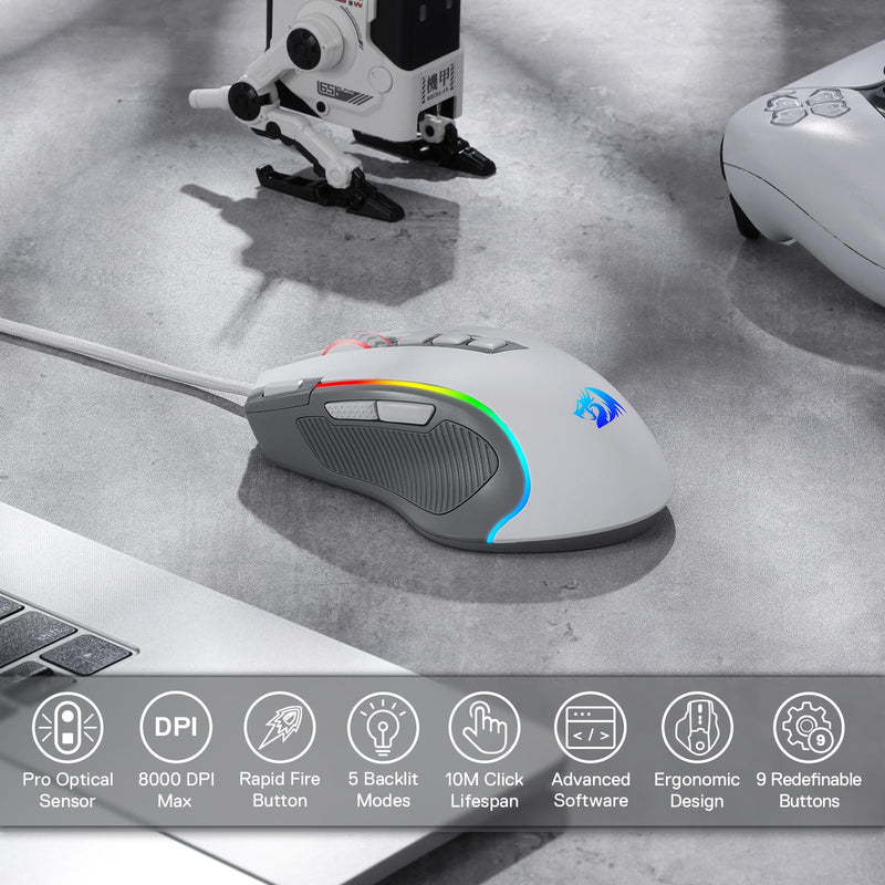 Redragon M612 RGB Gaming Mouse, 8000 DPI Wired Optical Gamer Mouse with 9 Programmable Buttons & 5 Backlit Modes, Software Supports DIY Keybinds Rapid Fire Button, Gray&White