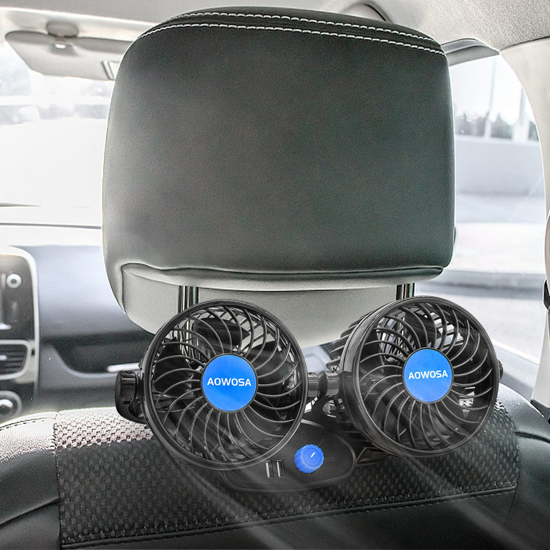 Car Fans 12V Electric Cooling Rear Seat Headrest Vehicle Fan with Cigarette Lighter Plug 2 Speed 2 USB Charging Ports, 360 Degree Adjustable Dual Head Automobile Fan for Truck Van SUV RV Boat Auto Dual Head Back Seat -1