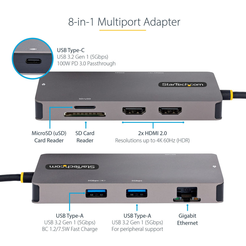 StarTech.com 8-in-1 Mini Docking Station for Windows, ChromeOS and Ubuntu, Dual 4K 60Hz HDMI Video, HDR10, USB 5Gbps Hub, 100W Laptop Charging, GbE, SD, MicroSD Dual monitor