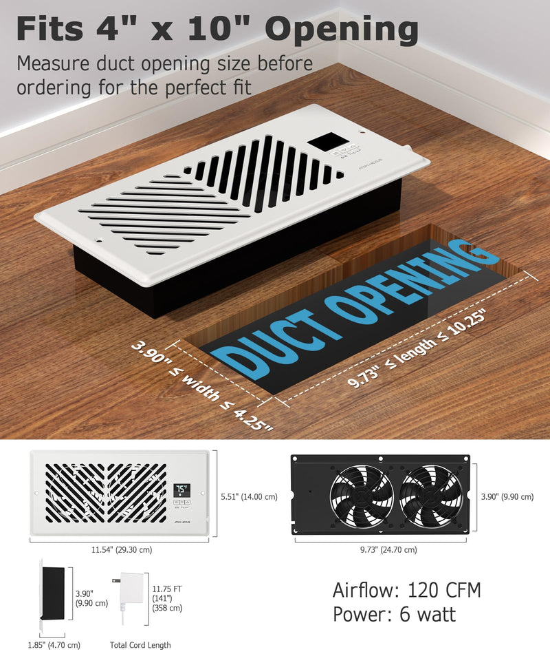 Quiet Register Booster Fan, Smart Vent Booster Fan with Thermostat Control & Remote Control, 10-Speed Control Heating Cooling AC Vent (White, 4 x 10 inch - APP) White
