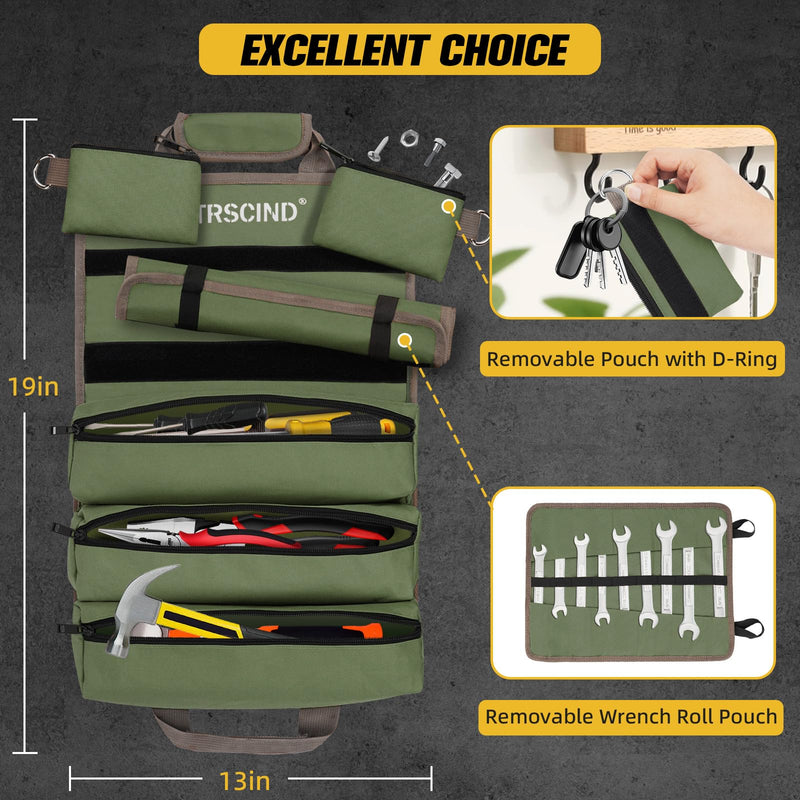 Tool Bag, Roll Up Bag, Tool Organizer with Detachable Pouches and Wrench Roll, Heavy Duty Tool Pouch, Gifts for Men Dad Fathers Day, Portable Tool Box for Motorcycle, Car, Electrician, Mechanic（Green） ARMY GREEN