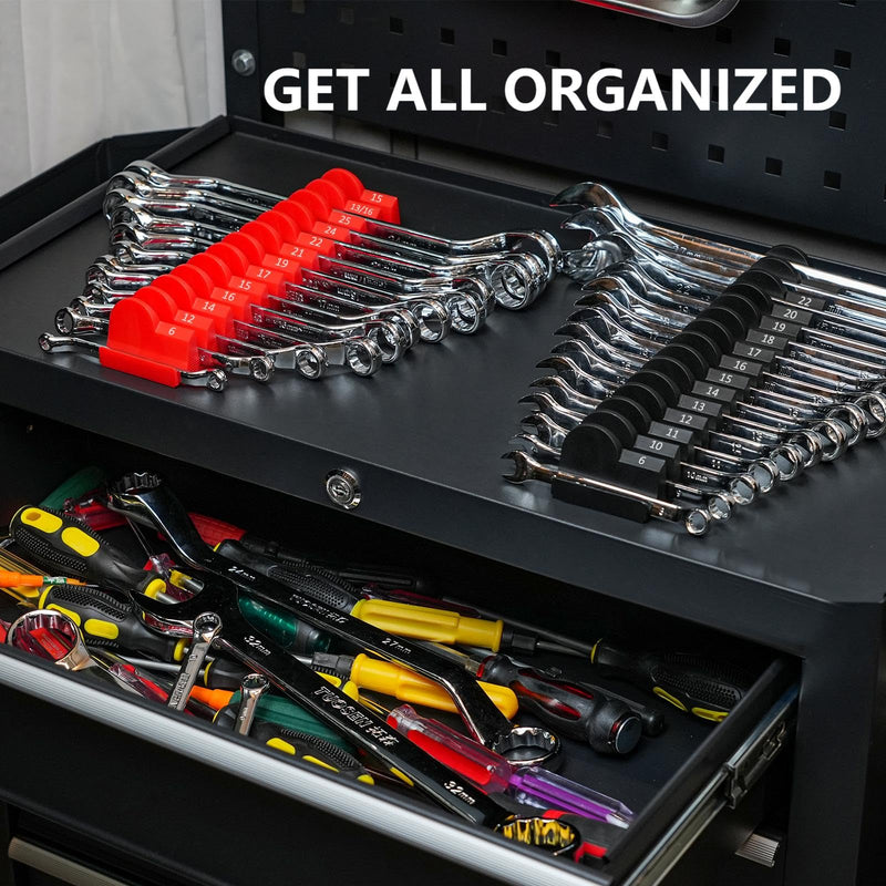 80 pcs MAGNETIC Modular Wrench Organizers for Tool Drawers - Wrench Rack with Metric & SAE Labels, Perfect Tool Storage Holder. Gift for father, brother and boyfriend (With Magnet) (Black and Red) Black and Red