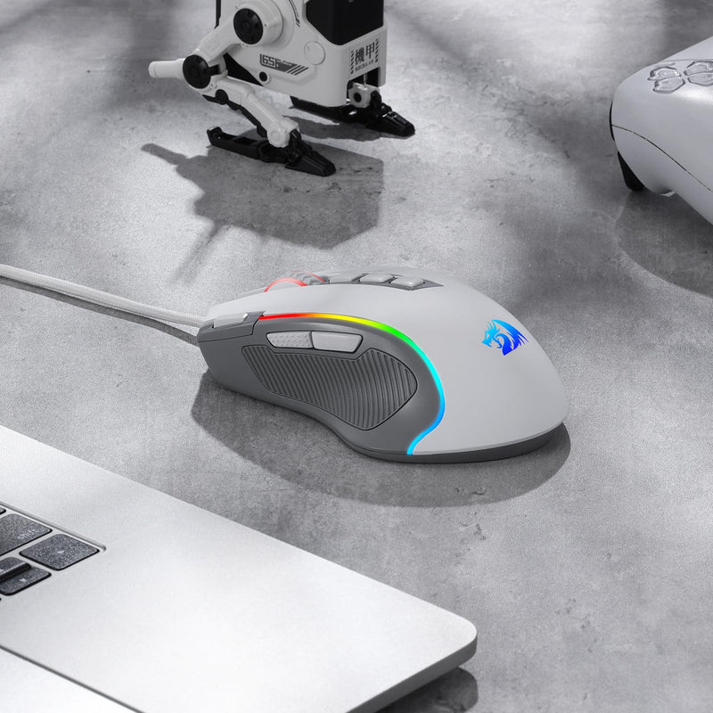 Redragon M612 RGB Gaming Mouse, 8000 DPI Wired Optical Gamer Mouse with 9 Programmable Buttons & 5 Backlit Modes, Software Supports DIY Keybinds Rapid Fire Button, Gray&White