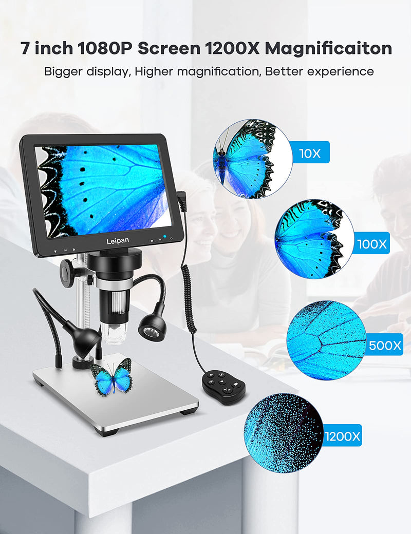 7" LCD Digital Microscope 1200X,Leipan 12MP Coin Microscope with Screen for Adults,1080P Coin Magnifier with 12pcs Slides,Wired Remote,2 Side Lights,Windows/Mac OS Compatible DM9-7" Digital Microscope