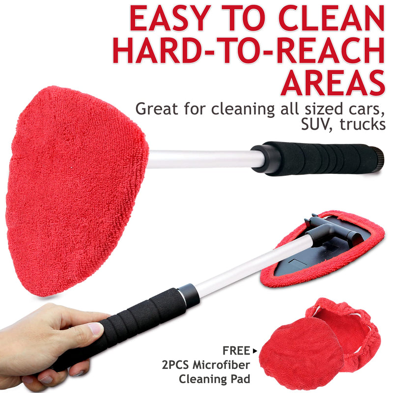 TAKAVU Windshield Window Cleaner Tool, Extendable Long-Reach Handle, Unique Pivoting Triangular Head, 3 Washable Reusable Microfiber Bonnets, Car & Home Inside Interior Exterior Use - Lint Free (Red) Black & Red