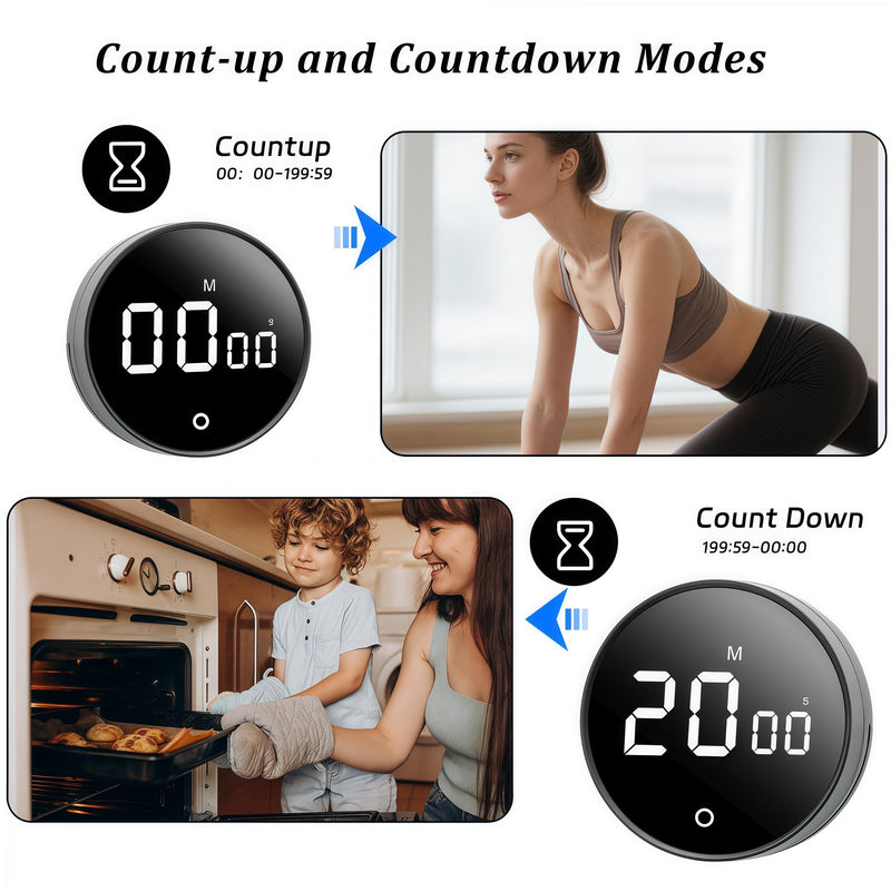 2Pcs Digital Kitchen Timer - Magnetic 199-Minute Countdown Countup Timer with Large LED Display,Volume Adjustable, Visual timers for Cooking,Gym,Meeting,Classroom,Study,Work,Outdoor Activities,Black Black-2pcs