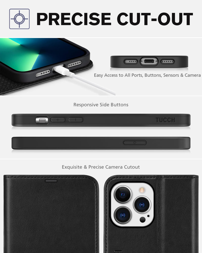 TUCCH Case for iPhone 13 Pro Max 5G, Shockproof TPU Synthetic Leather Case [RFID Blocking] Wallet, Stand Function Magnetic Clasp Cover Compatible with iPhone 13 Pro Max (6.7 inch, 2021) – Black