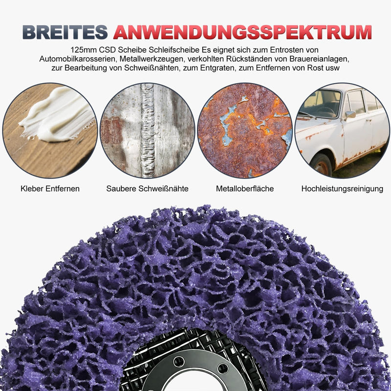 CSD Disc, 125 mm, 6 Pieces Sanding Discs for Angle Grinder, Cleaning Disc Set, Coarse Cleaning Disc, Rust Remover, Flex Discs for Removing Rust, Color of Metal (3 x High, 3 x Medium) 1