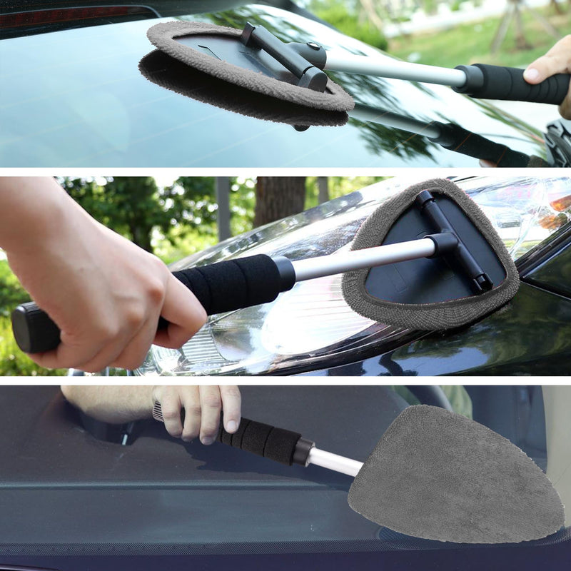 TAKAVU Car Window Cleaning Tool, Windshield Wiper Cleaner with Extendable Long-Reach Handle, 3 Washable Reusable Microfiber Bonnets, Car & Home Inside Interior Exterior Use - Lint Free (Grey) Black & Grey