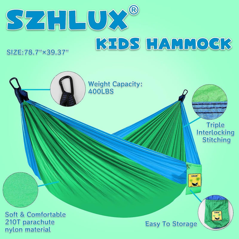 SZHLUX Kids Hammock - Kids Camping Gear, Camping Accessories with 2 Tree Straps and Carabiners for Indoor/Outdoor Use, Sapphire Blue & Grass Green Blue & Green