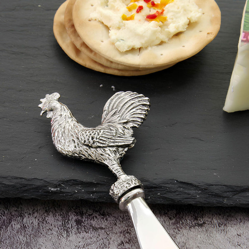 Wine Things Rooster Cheese Spreader Set, Zinc Alloy Butter Spreaders with Decorative Handles for Cheese, Cream, and Dips, Silver, 4.75 Inch, Set of 2