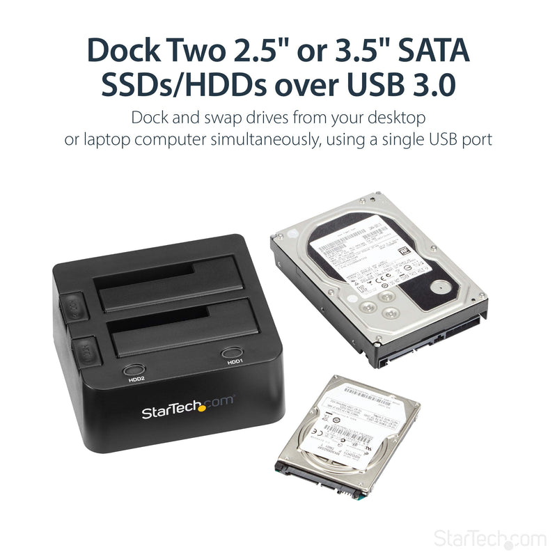 StarTech.com Dual-Bay USB 3.0 To SATA Hard Drive Docking Station, USB Hard Drive Dock, External 2.5/3.5" SATA I/II/III, SSD/HDD Docking Station, Hot-Swap Hard Drive Bay, Top-Loading (SDOCK2U33),Black
