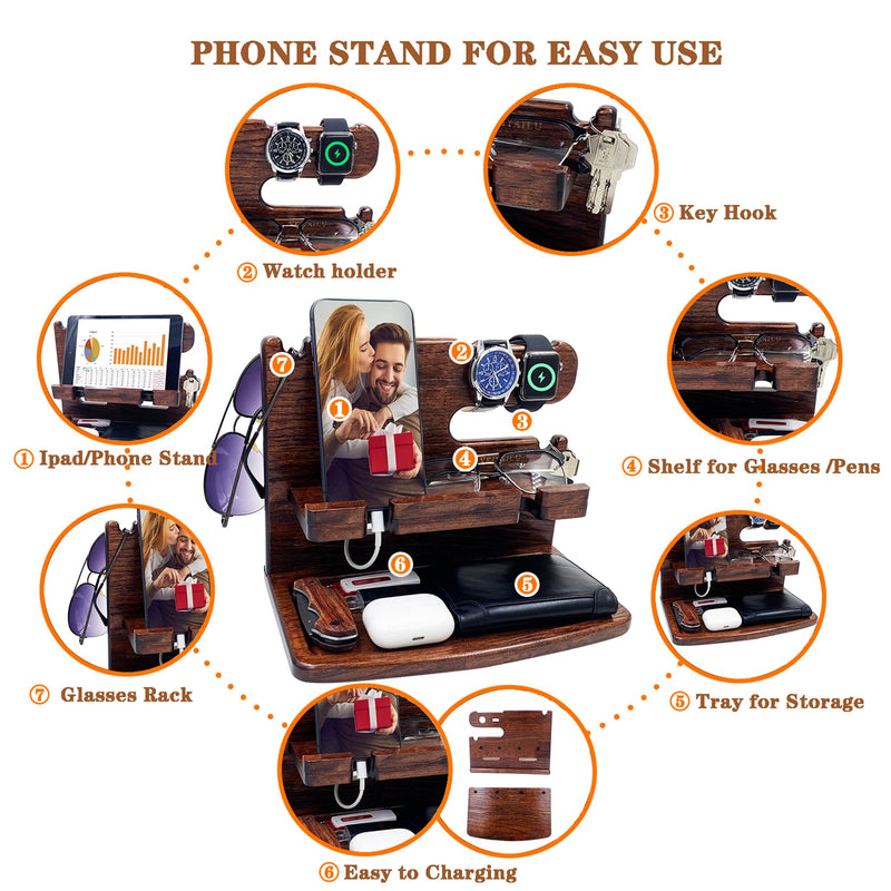 Gifts for Men Women Dad Husband Boyfriend Wood Phone Docking Station Nightstand Organizer for Men Birthday Gifts (Dark Brown) dark brown