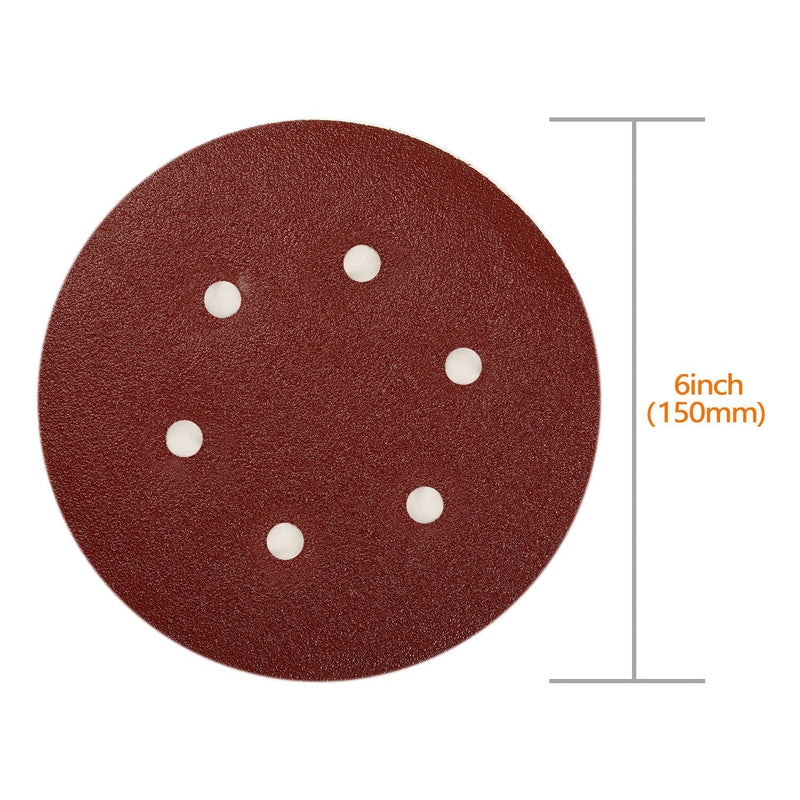 SPTA 100 pieces 150 mm 40/80/120/180/320/600/800/1000/1500/2000 sanding discs sandpaper eccentric sanders grit, with 6 holes for eccentric sanders