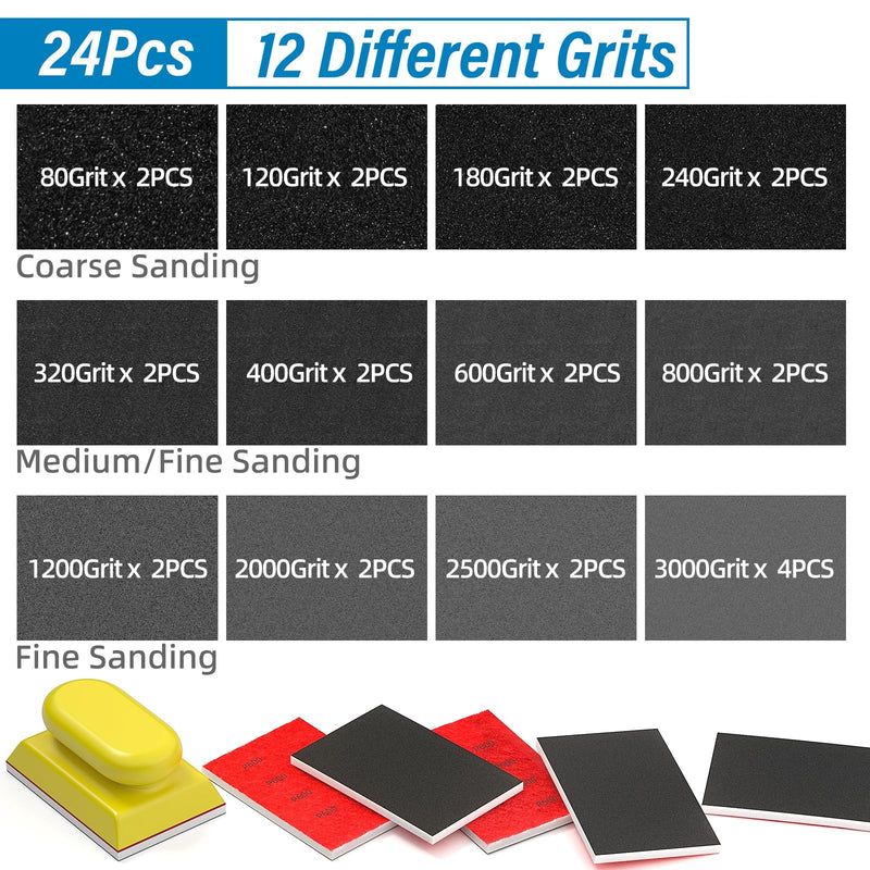 BURMONG 25 Piece Sanding Sponge Set with Hand Sanding Block, Grit 80-3000, Wet and Dry Sanding, Reusable for Wood, Furniture, Metal, Paint and Drywall (Grit 80-3000)