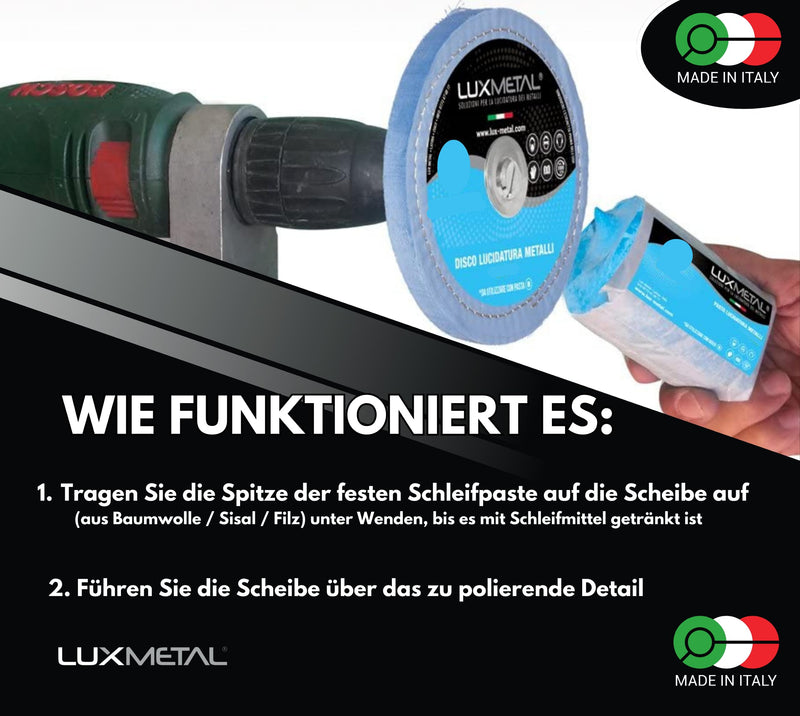3 Polishing Paste 250 g - 3 Polishing Discs 100 mm, Polishing Set DIY Kit Sanding Paste Metal, Aluminium, for Drill, Stainless Steel, Brass, Copper, Wood, Plastic, Grinding Machines, Knives