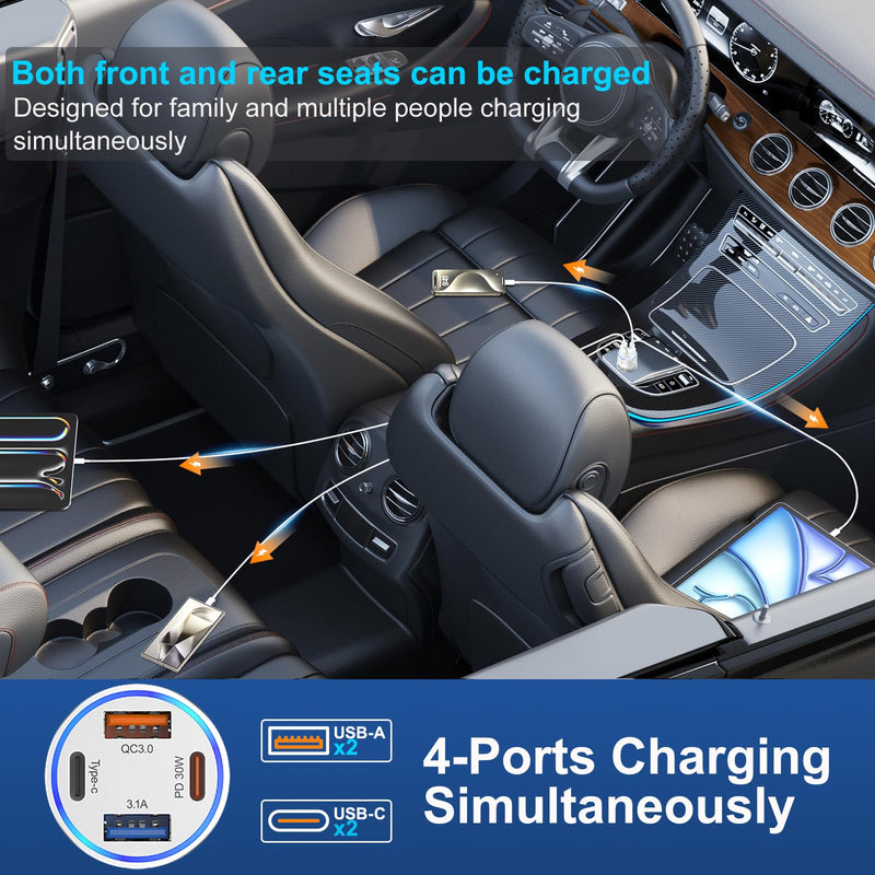USB C Car Charger Adapter, 2 Pack 65W 4 Ports Super Fast Cigarette Lighter USB Charger, PD3.0 & QC3.0 30W Type C Car Charger for iPhone 15 Pro Max Plus, Samsung Galaxy S24/S23,iPad Pro, Pixel/Moto/LG Silver