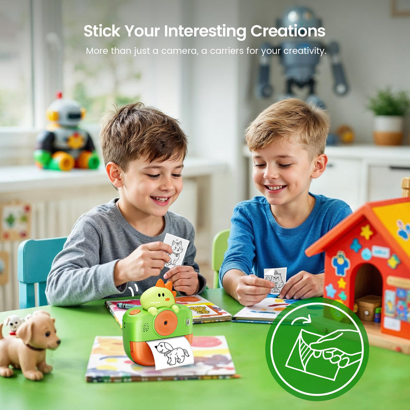 Dinosaur Camera for Kids, Kids Camera Instant Print, Bluetooth Kid Cameras Printer as Birthday Gifts for 2 to 11 Years Old Boys, Cameras for Kid with Sticker Paper, Dinosaur Toys for Toddlers