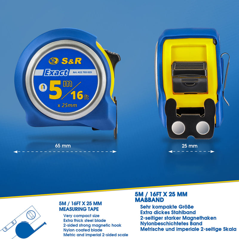 S&R tape measure 5 m METRIC and INCH 5m / 16 ft, tape 25 mm, roll meter with riveted MAGNET hook nylon coated tape measure, impact-resistant roll meter housing 5m, metric and inch