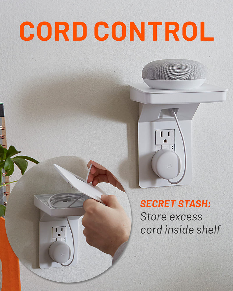 ECHOGEAR Outlet Shelf for Decora/GFCI Outlets - Next-Gen Design with Built-In Cord Storage & Room for Bulky Plugs - Quick Install with Included Hardware Decora/GFCI Outlet