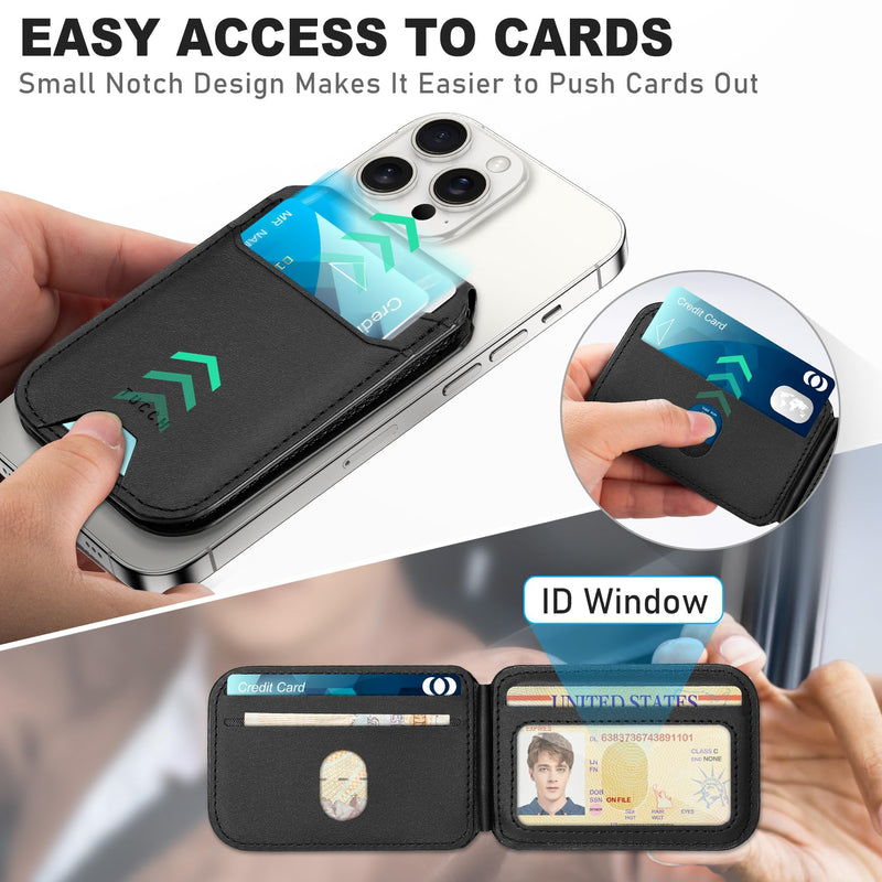 TUCCH Magnetic Phone Wallet with Adjustable Stand, [RFID Blocking] Credit Card Holder, Fit 5 Cards, PU Leather Strong Magnetic Wallet for iPhone 15/14/13/12 Series, Not for iPhone 13/12 mini, Black