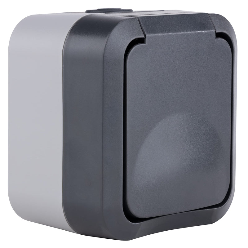 REV - AquaStorm, 1-way socket, wet room, IP55 two-pole, surface-mounted, 230V, 16A, anthracite 1-way socket sockets
