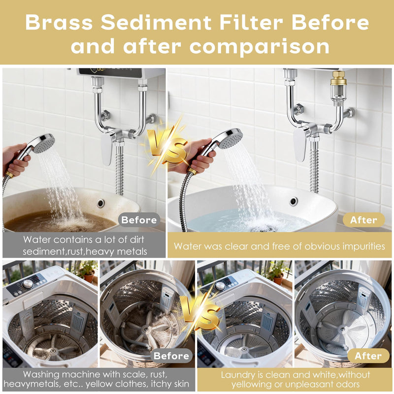 2 Pack Sediment Water Filter for Washing Machine, Inline Water Pre-Filter with 3/4" Adapters & Extension Tubes, 50 Micron, Reusable Stainless Steel Screen Brass PreFilter for Water Heater, Faucet