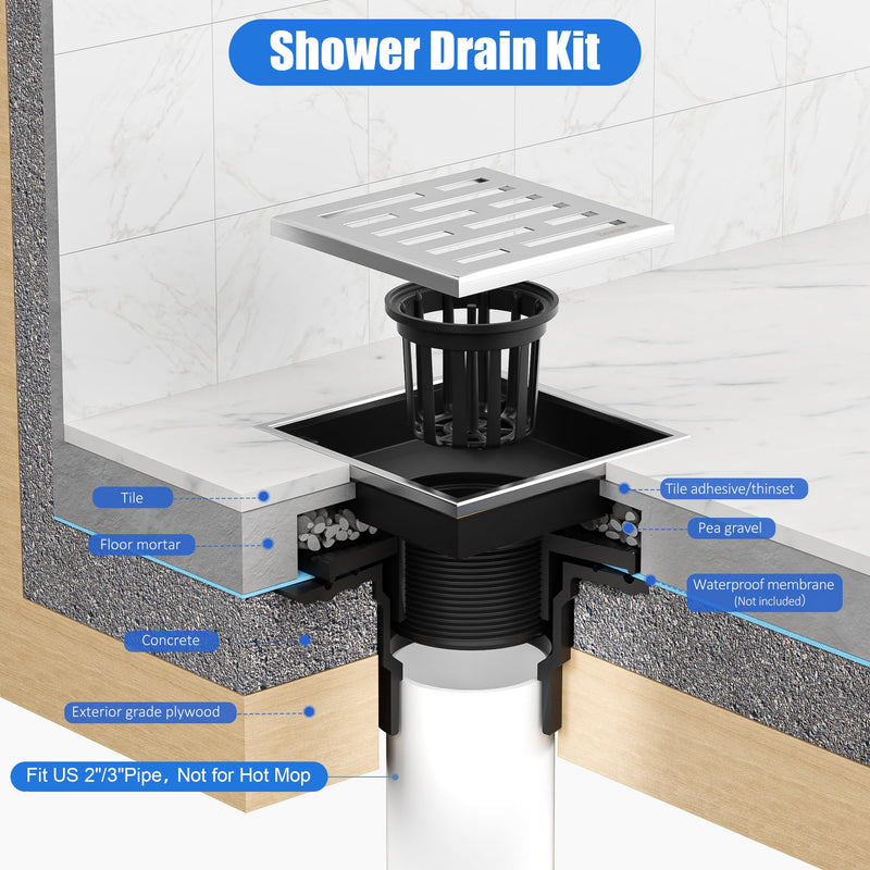 Neodrain Square Shower Drain, 4 inch Stainless Steel 304 Grate and PVC Drain Body, Brick Pattern Grate with Brushed Nickel Finish, Kit Includes Hair Trap/Strainer,Lifting Hook and PVC Drain Base Brushed-ps01 4 In