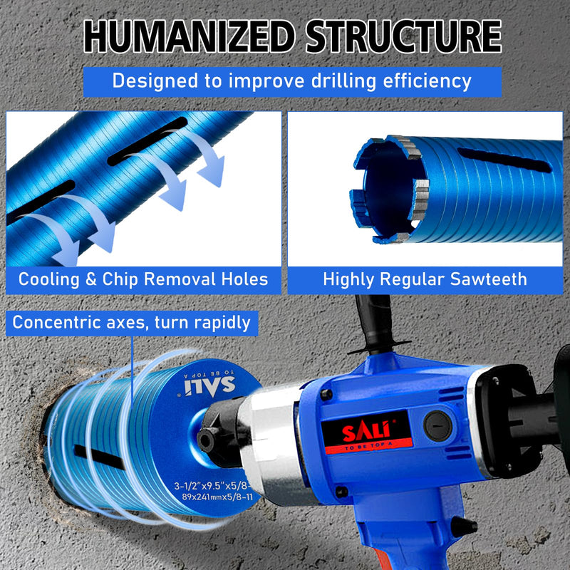 SALI Diamond Core Drill Bits 2" Diameter 10"/254mm Drilling Depth 5/8-11" Thread Core Bit Turbo Laser-Welded Segments for Cured Concrete with, Brick, Block, Masonry, with Two Adapters 2 inch