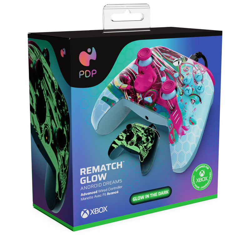 PDP Gaming REMATCH GLOW Enhanced Wired Controller Licensed for Xbox Series X|S/Xbox One/PC/Windows, Mappable Back Buttons, Advanced Customizable App - Android Dreams (Glow in the Dark) Android Dreams (Glow in the Dark)