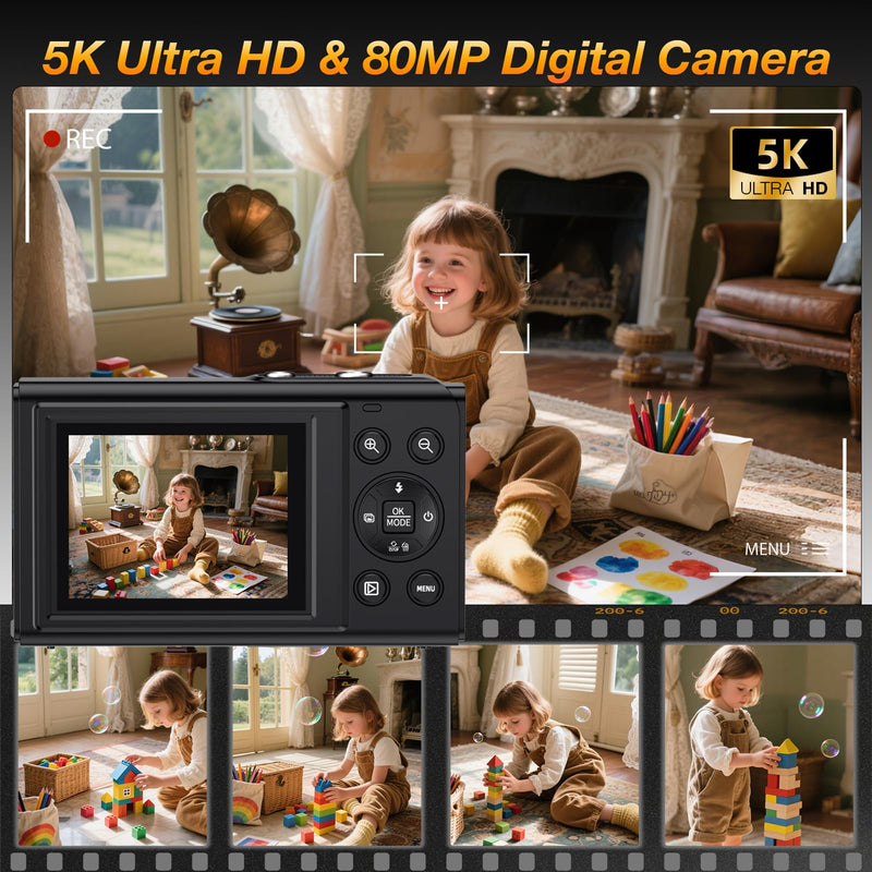 Dual Screen 5K Digital Camera for Vlogging, 80MP WiFi Camera with Front Display, 18X Zoom, Fill Light, Includes 64GB Card & 2 Batteries S150PRO